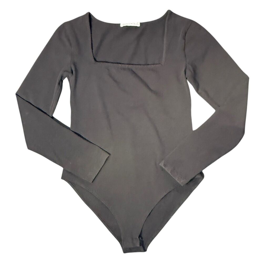 MANGOPOP Women's Square Neck Long Sleeve Bodysuit Black Size Small Casual Sexy